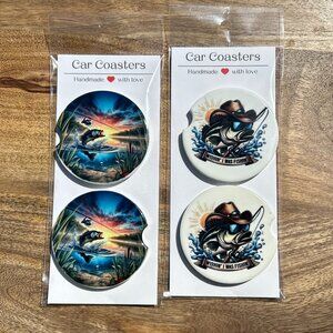 Set of Ceramic Car Coasters Featuring Fishing